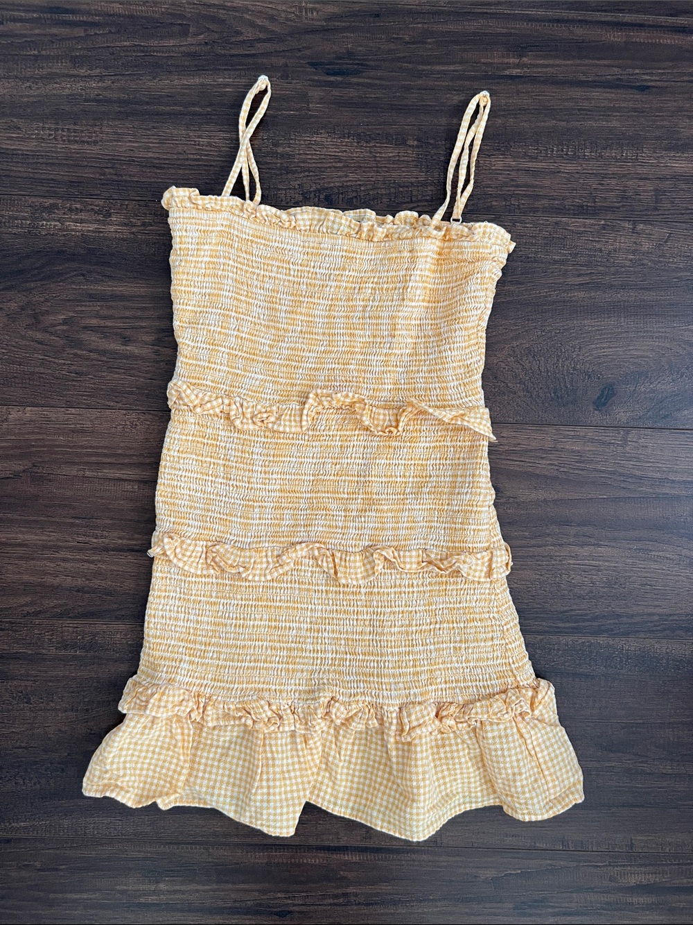 Bershka Yellow Gingham Smocked Ruffle Mini Dress. *Please see measurement